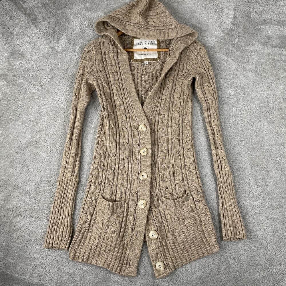 Vintage Abercrombie Fitch Cardigan Womens Medium Tan Cable Knit Hooded Long